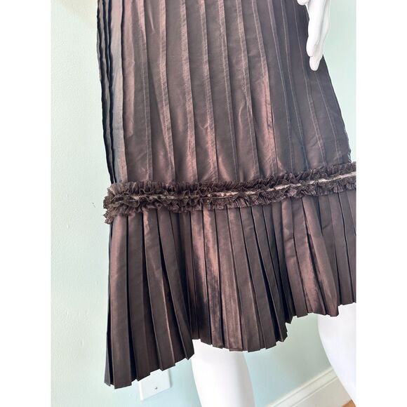 Vintage Y2k Brown Pleated Silk Skirt High Waist Textured Hem A-Line Lined size 6 - Picture 3 of 7
